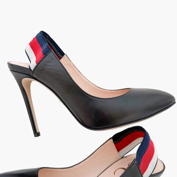 Gucci Sylvie Web Stripe Slingback Pumps EU 37 US 7 Black Pointed Toe High Heels - Picture 13 of 14